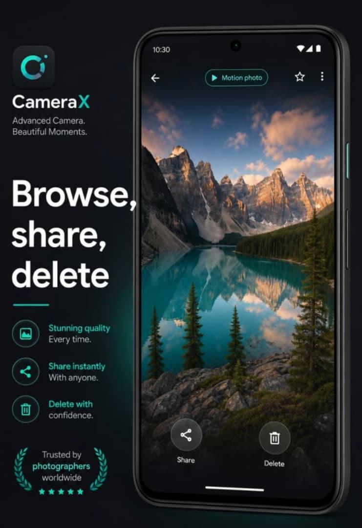 CameraX screenshot — gallery browse and share